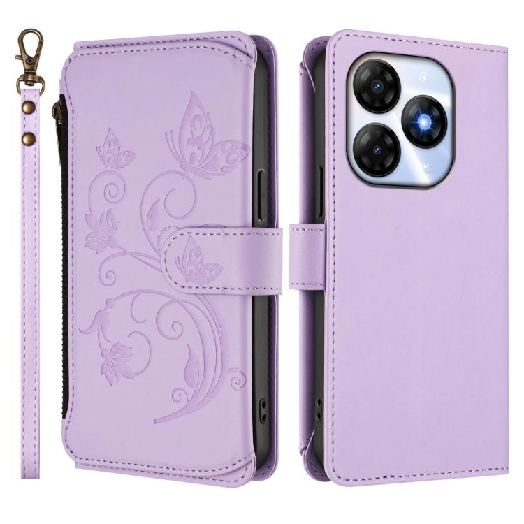 For Itel P55 4G / Infinix Smart 8 Butterfly Love Flower Multi-card Zipper Wallet Leather Phone Case