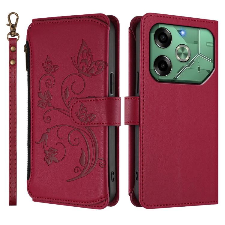 For Tecno Pova 6 4G Butterfly Love Flower Multi-card Zipper Wallet Leather Phone Case