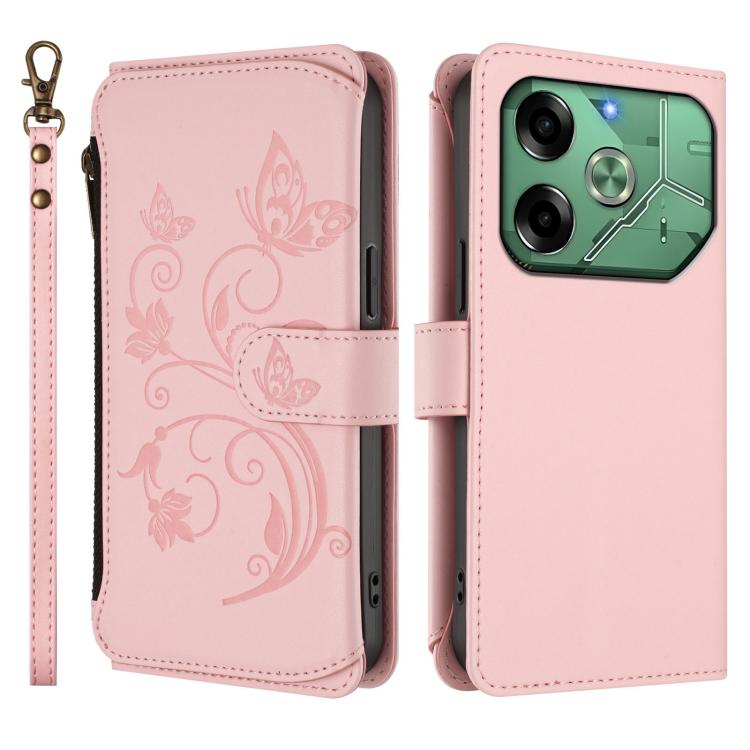 For Tecno Pova 6 4G Butterfly Love Flower Multi-card Zipper Wallet Leather Phone Case