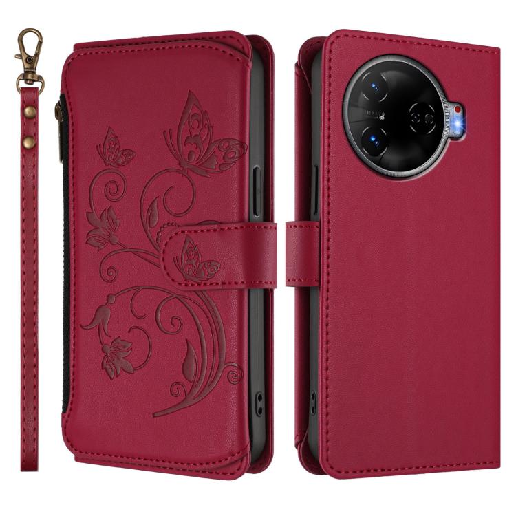 For Tecno Camon 30 Pro 5G Butterfly Love Flower Multi-card Zipper Wallet Leather Phone Case