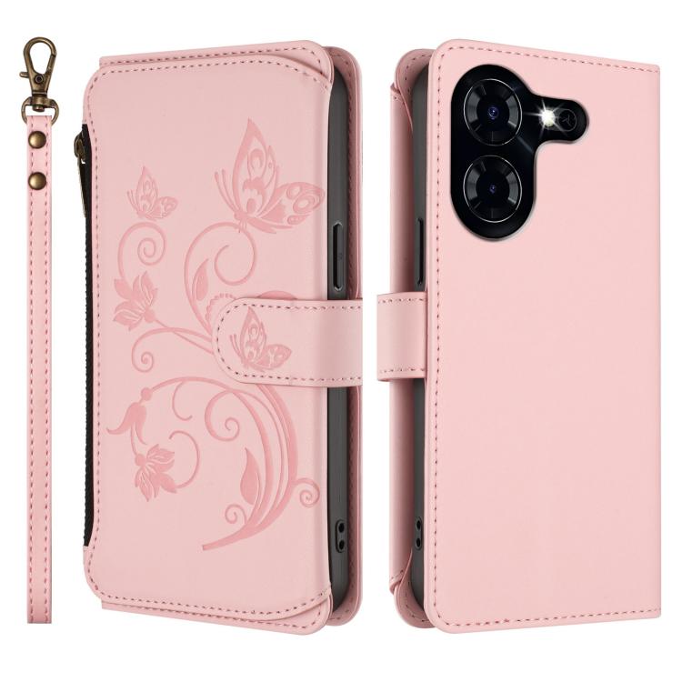 For Tecno Pova 5 Butterfly Love Flower Multi-card Zipper Wallet Leather Phone Case