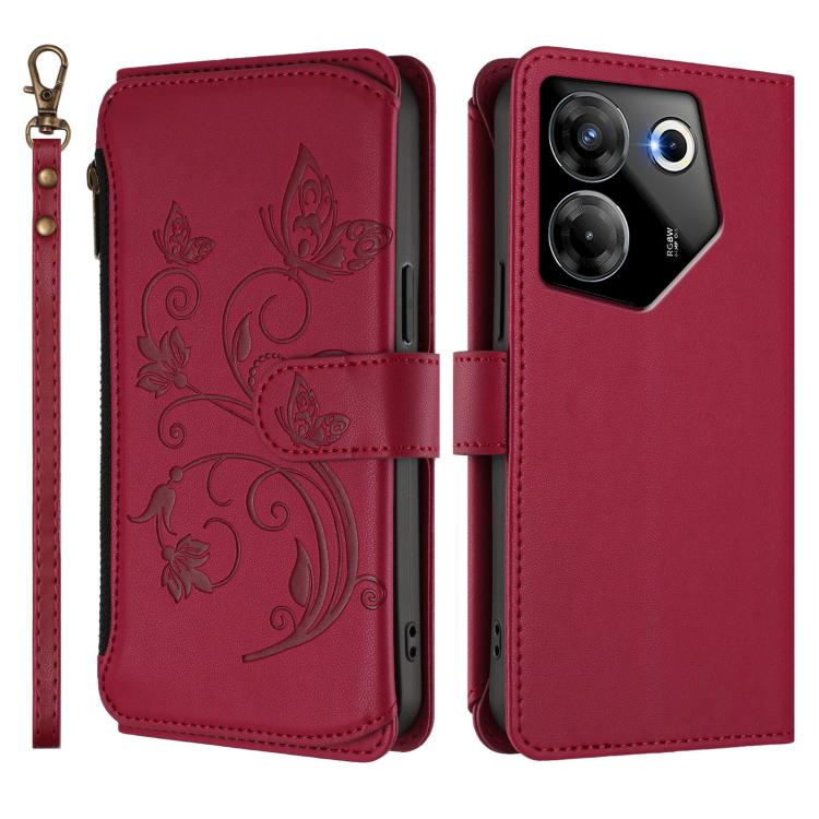 For Tecno Camon 20 Pro 5G Butterfly Love Flower Multi-card Zipper Wallet Leather Phone Case
