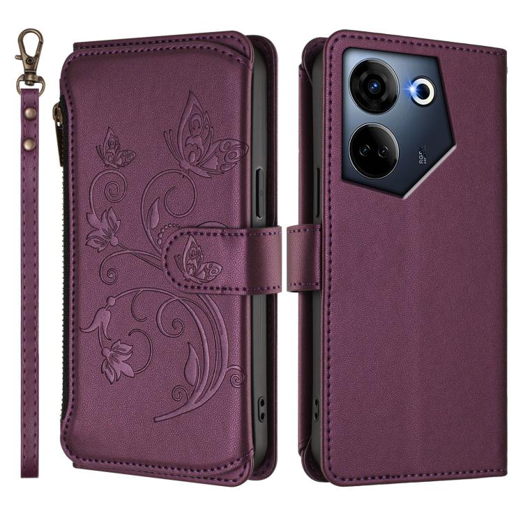 For Tecno Camon 20 4G / 20 Pro 4G Butterfly Love Flower Multi-card Zipper Wallet Leather Phone Case