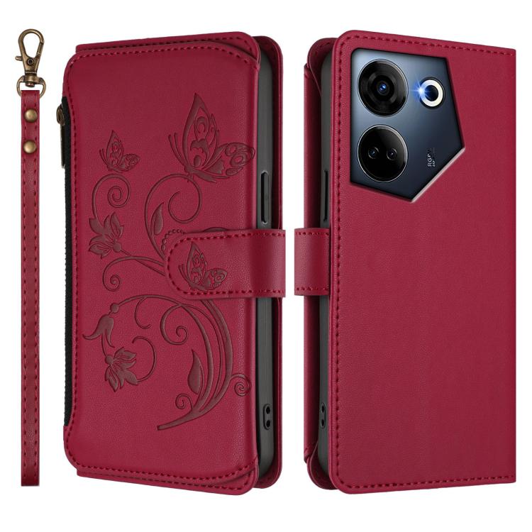 For Tecno Camon 20 4G / 20 Pro 4G Butterfly Love Flower Multi-card Zipper Wallet Leather Phone Case