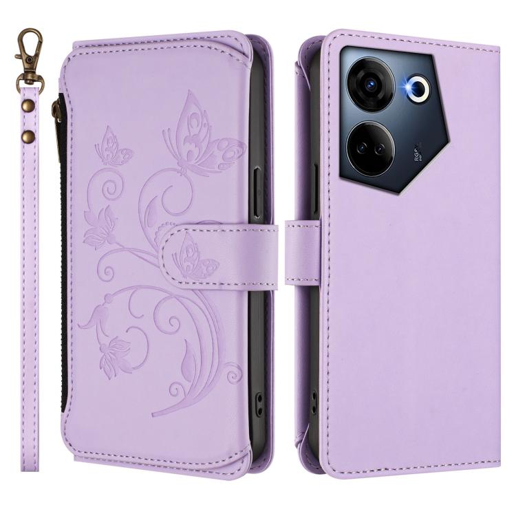 For Tecno Camon 20 4G / 20 Pro 4G Butterfly Love Flower Multi-card Zipper Wallet Leather Phone Case