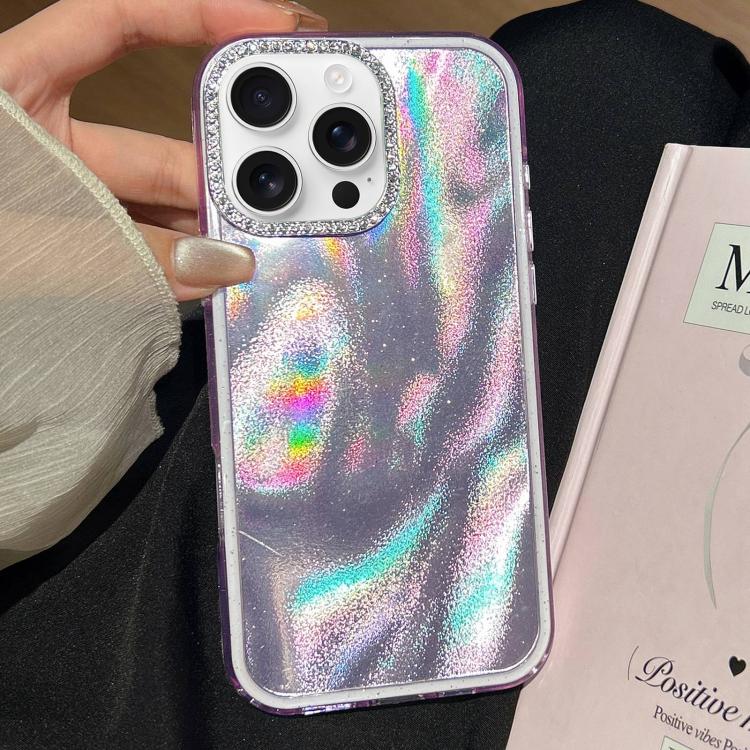 For iPhone 16 Pro Max 3 in 1 Diamond Lens Frame Quicksand Pattern Phone Case