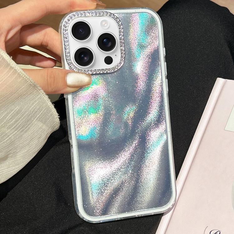 For iPhone 16 Pro Max 3 in 1 Diamond Lens Frame Quicksand Pattern Phone Case