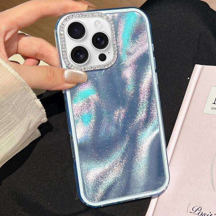 For iPhone 16 Pro Max 3 in 1 Diamond Lens Frame Quicksand Pattern Phone Case
