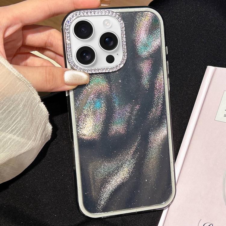 For iPhone 16 Pro 3 in 1 Diamond Lens Frame Quicksand Pattern Phone Case