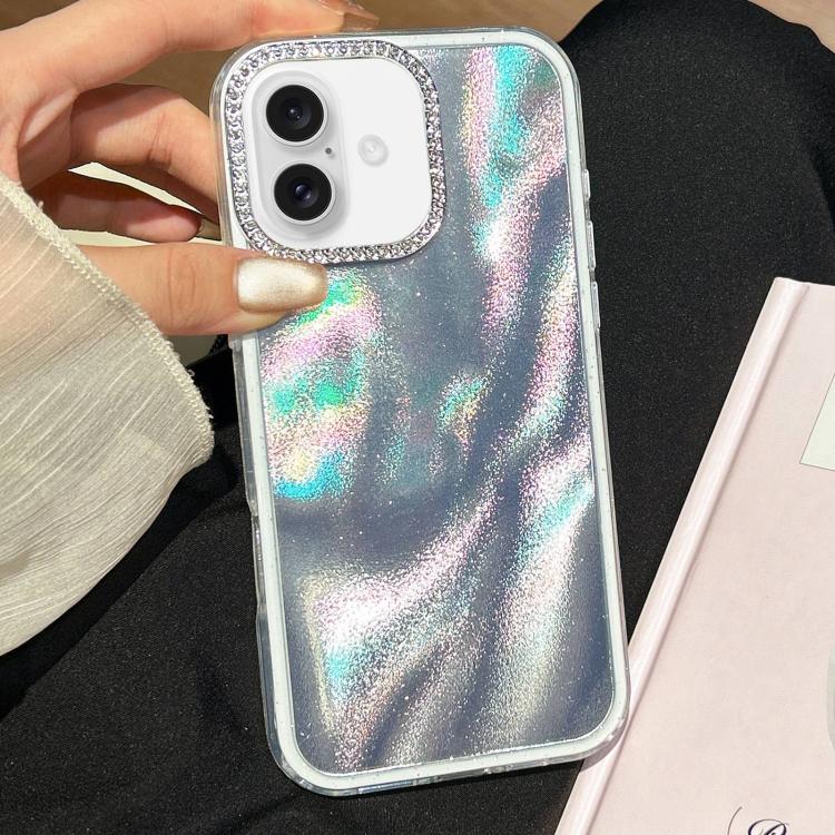 For iPhone 16 Plus 3 in 1 Diamond Lens Frame Quicksand Pattern Phone Case