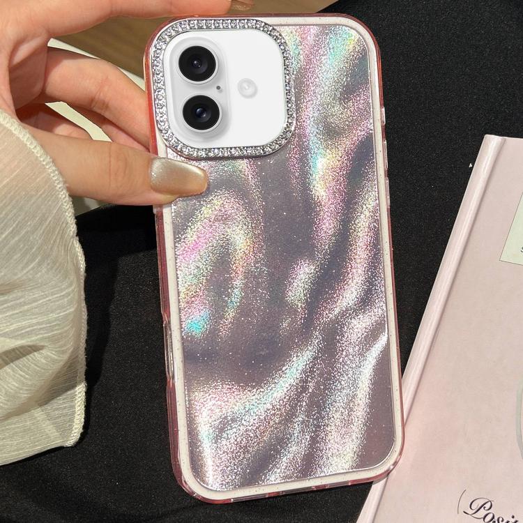 For iPhone 16 Plus 3 in 1 Diamond Lens Frame Quicksand Pattern Phone Case