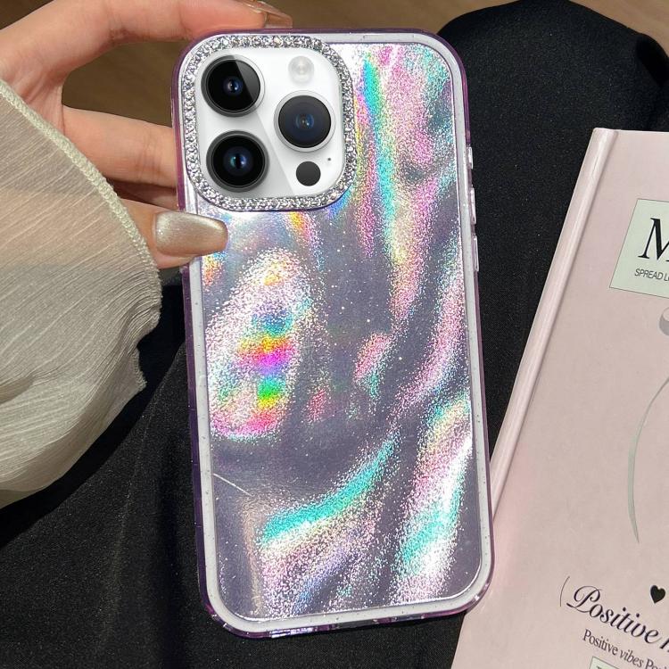 For iPhone 15 Pro 3 in 1 Diamond Lens Frame Quicksand Pattern Phone Case