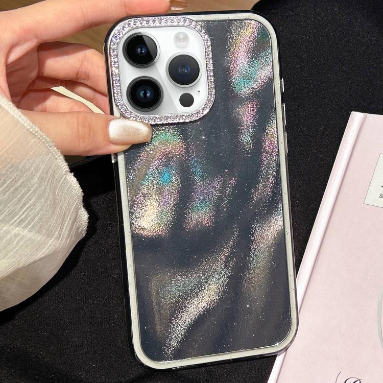 For iPhone 15 Pro 3 in 1 Diamond Lens Frame Quicksand Pattern Phone Case