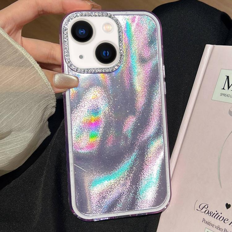 For iPhone 15 Plus 3 in 1 Diamond Lens Frame Quicksand Pattern Phone Case
