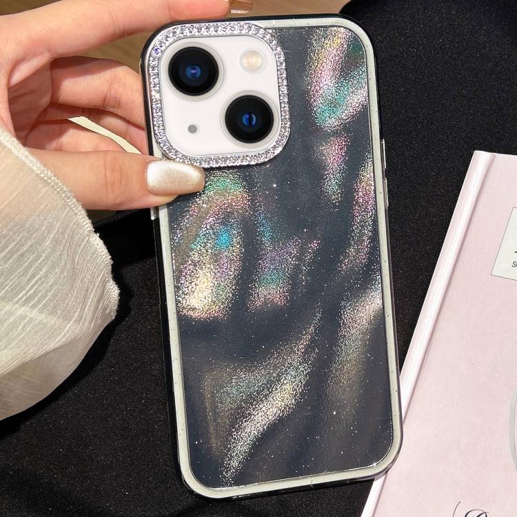 For iPhone 15 Plus 3 in 1 Diamond Lens Frame Quicksand Pattern Phone Case