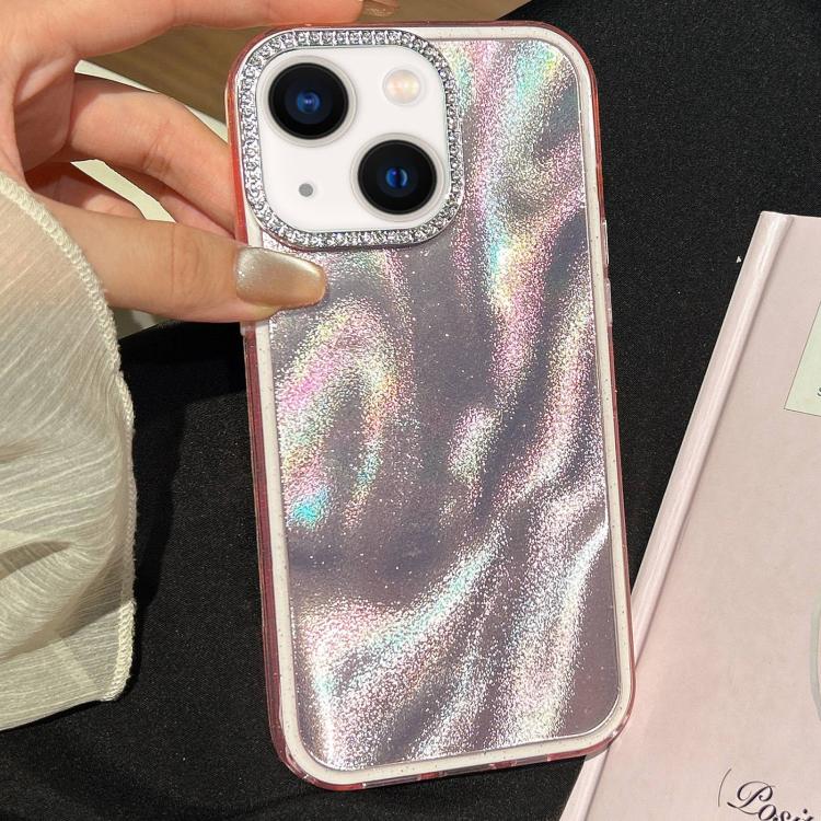 For iPhone 15 3 in 1 Diamond Lens Frame Quicksand Pattern Phone Case
