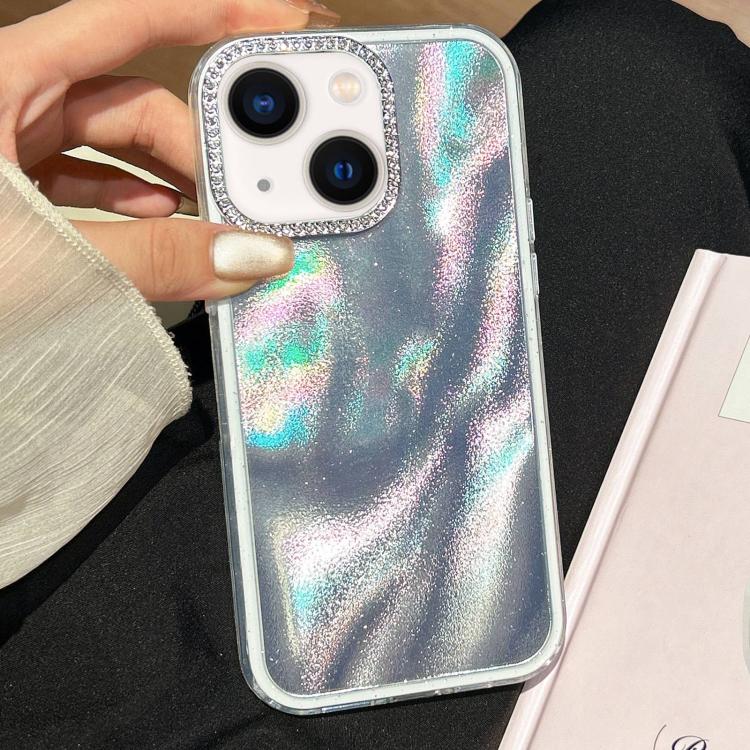 For iPhone 14 Plus 3 in 1 Diamond Lens Frame Quicksand Pattern Phone Case