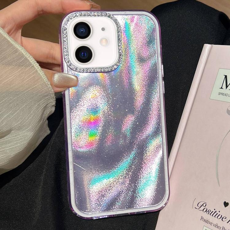 For iPhone 12 3 in 1 Diamond Lens Frame Quicksand Pattern Phone Case