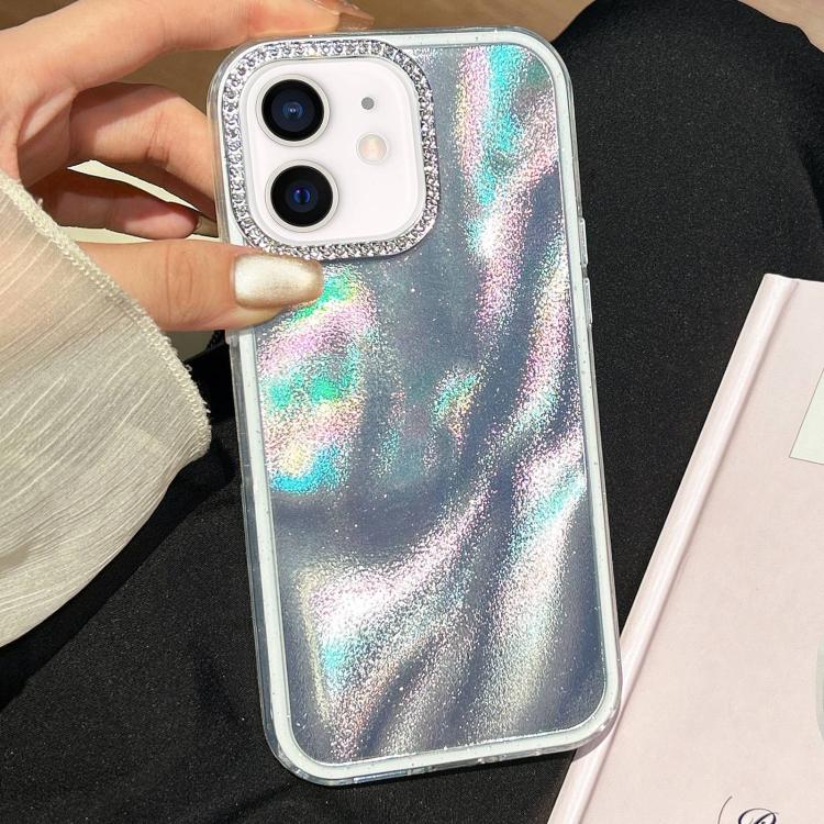 For iPhone 12 3 in 1 Diamond Lens Frame Quicksand Pattern Phone Case