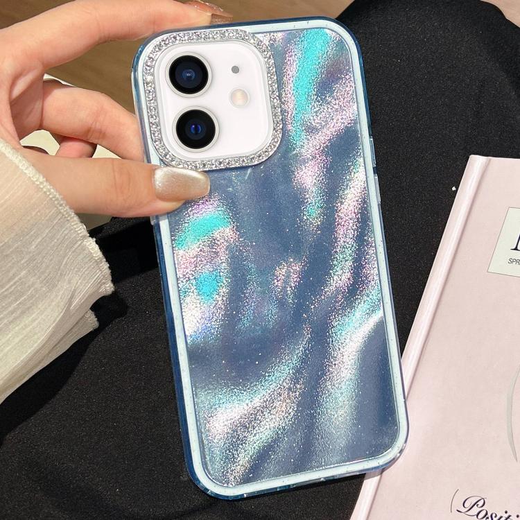 For iPhone 12 3 in 1 Diamond Lens Frame Quicksand Pattern Phone Case