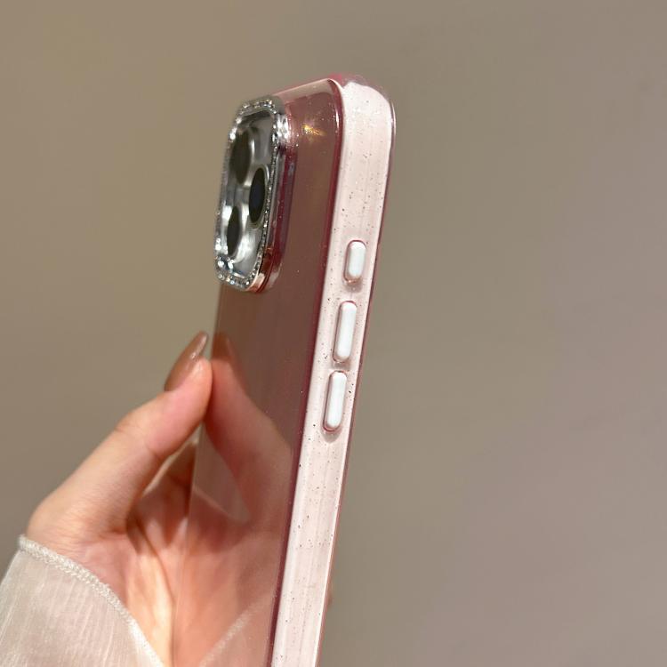For iPhone 15 Plus 3 in 1 Diamond Lens Frame Quicksand Pattern Phone Case