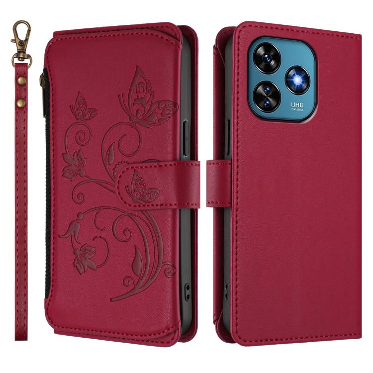 For Oukitel C51 Butterfly Love Flower Multi-card Zipper Wallet Leather Phone Case