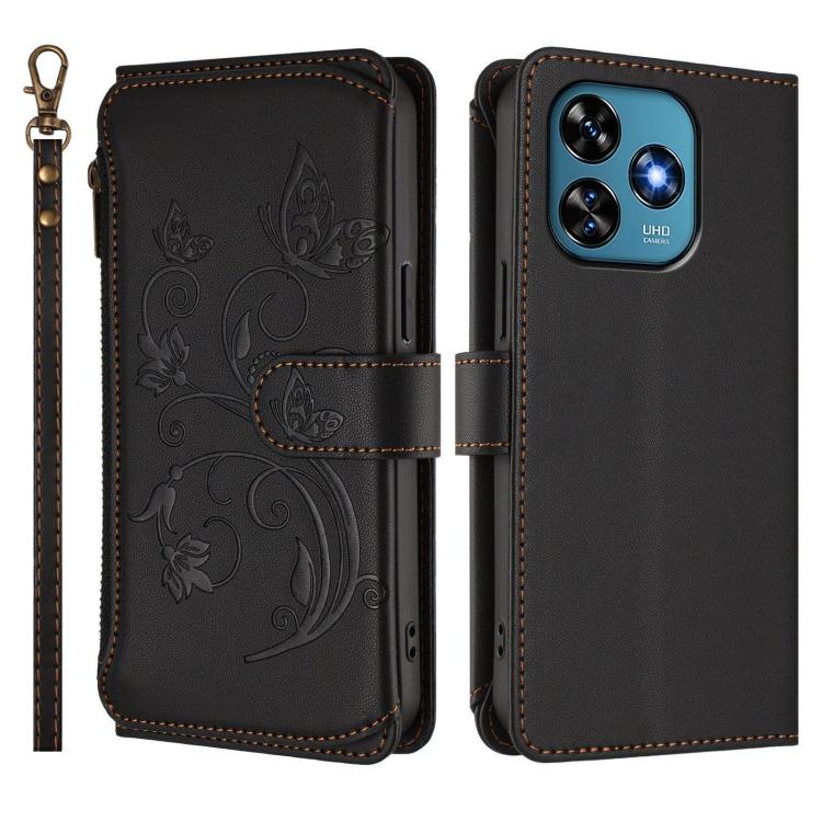 For Oukitel C51 Butterfly Love Flower Multi-card Zipper Wallet Leather Phone Case