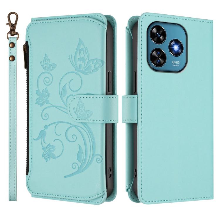 For Oukitel C51 Butterfly Love Flower Multi-card Zipper Wallet Leather Phone Case