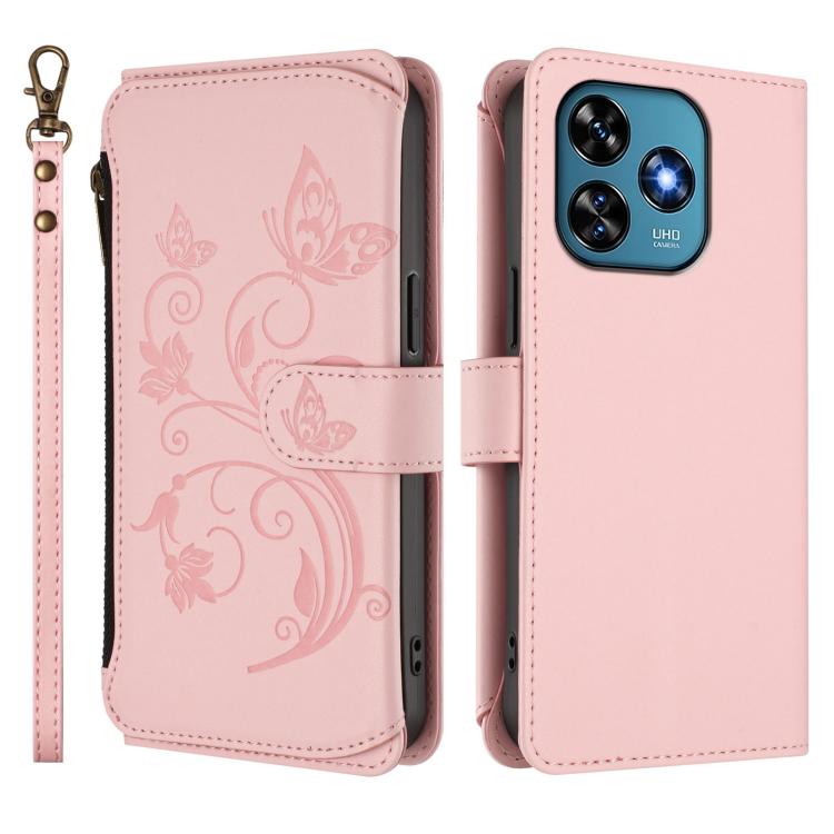 For Oukitel C51 Butterfly Love Flower Multi-card Zipper Wallet Leather Phone Case
