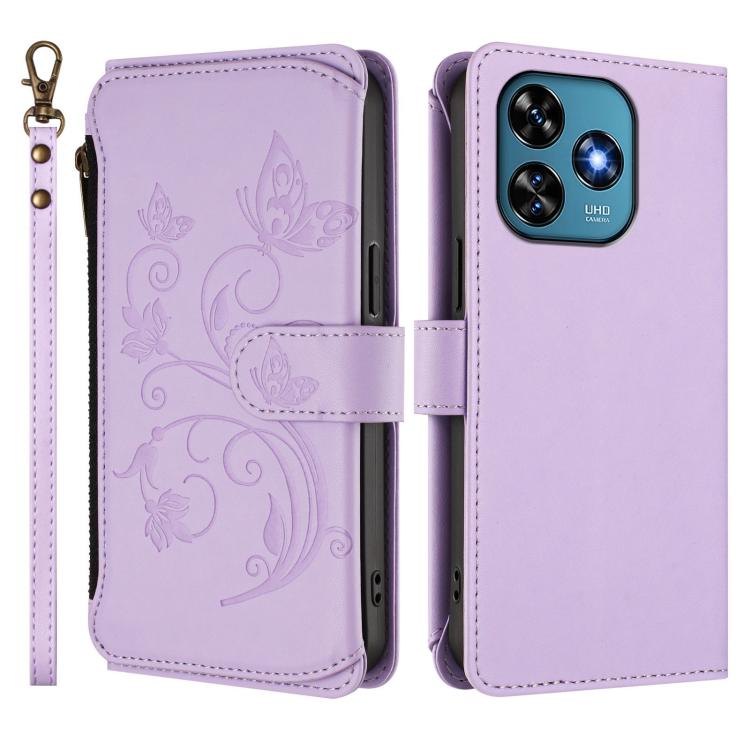 For Oukitel C51 Butterfly Love Flower Multi-card Zipper Wallet Leather Phone Case