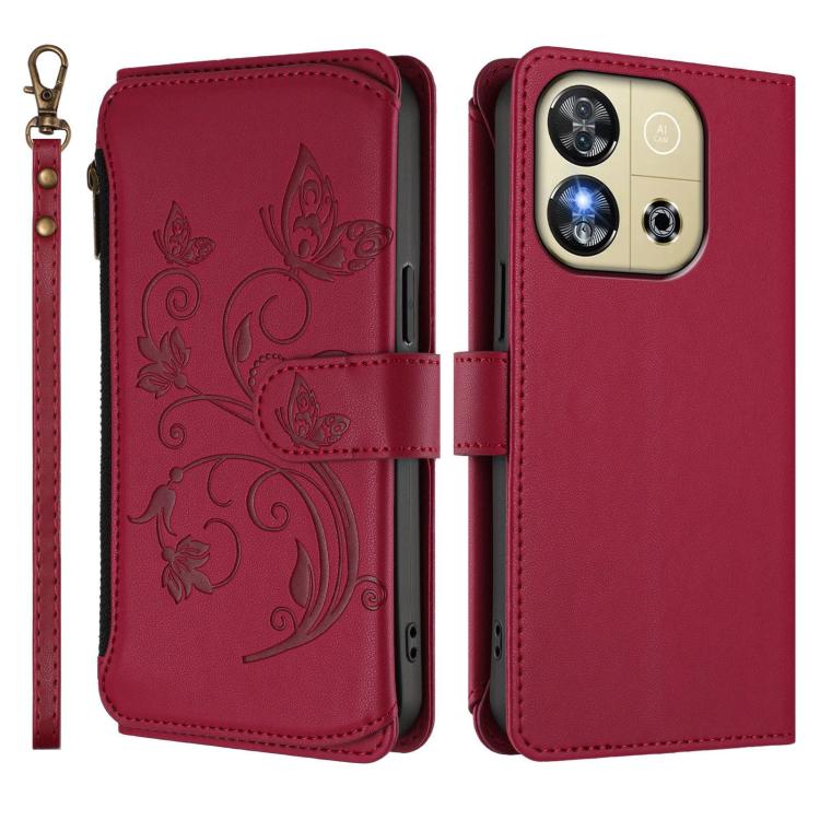 For Oukitel C57S / C57 / C57 Pro Butterfly Love Flower Multi-card Zipper Wallet Leather Phone Case