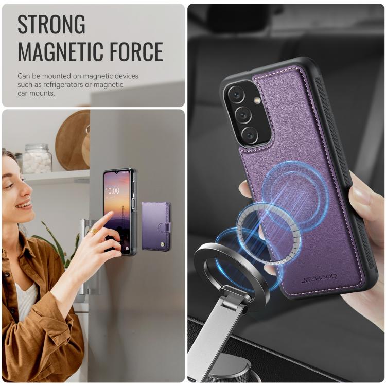 For Samsung Galaxy A14 4G / 5G / M44 5G JEEHOOD J09 Buckle Card Bag MagSafe Magnetic Style RFID Leather Phone Case