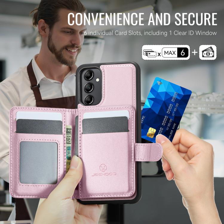 For Samsung Galaxy A14 4G / 5G / M44 5G JEEHOOD J09 Buckle Card Bag MagSafe Magnetic Style RFID Leather Phone Case