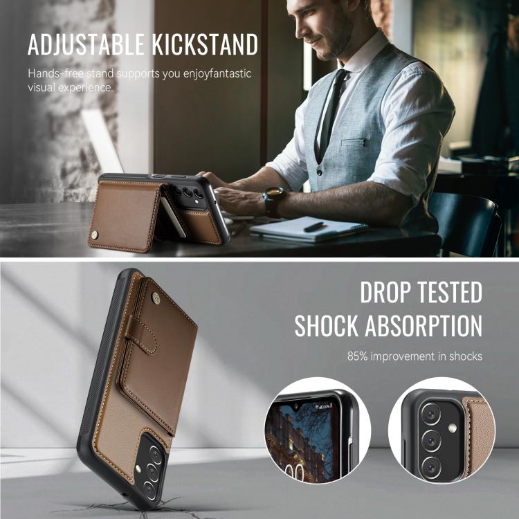 For Samsung Galaxy A14 4G / 5G / M44 5G JEEHOOD J09 Buckle Card Bag MagSafe Magnetic Style RFID Leather Phone Case