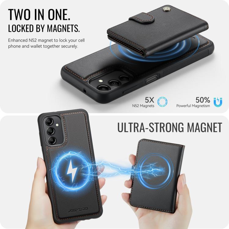 For Samsung Galaxy A14 4G / 5G / M44 5G JEEHOOD J09 Buckle Card Bag MagSafe Magnetic Style RFID Leather Phone Case