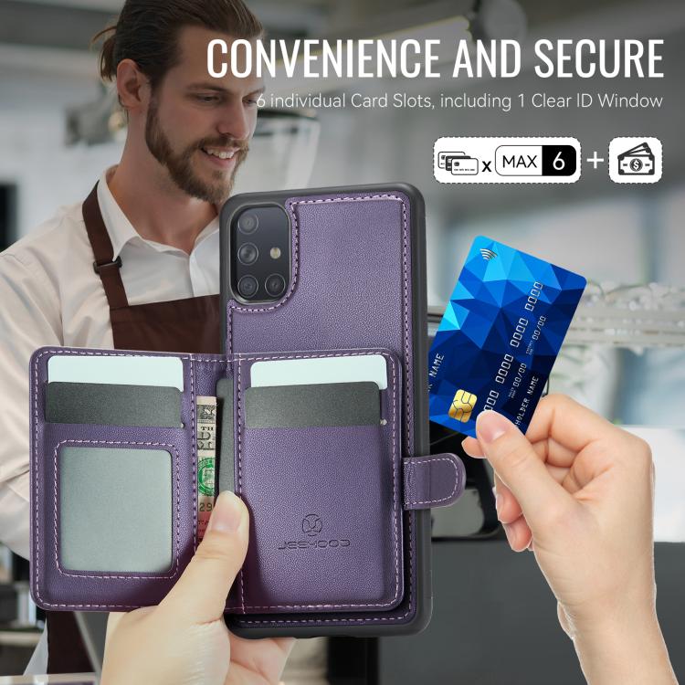 For Samsung Galaxy A51 4G JEEHOOD J09 Buckle Card Bag MagSafe Magnetic Style RFID Leather Phone Case