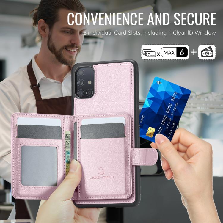 For Samsung Galaxy A51 4G JEEHOOD J09 Buckle Card Bag MagSafe Magnetic Style RFID Leather Phone Case