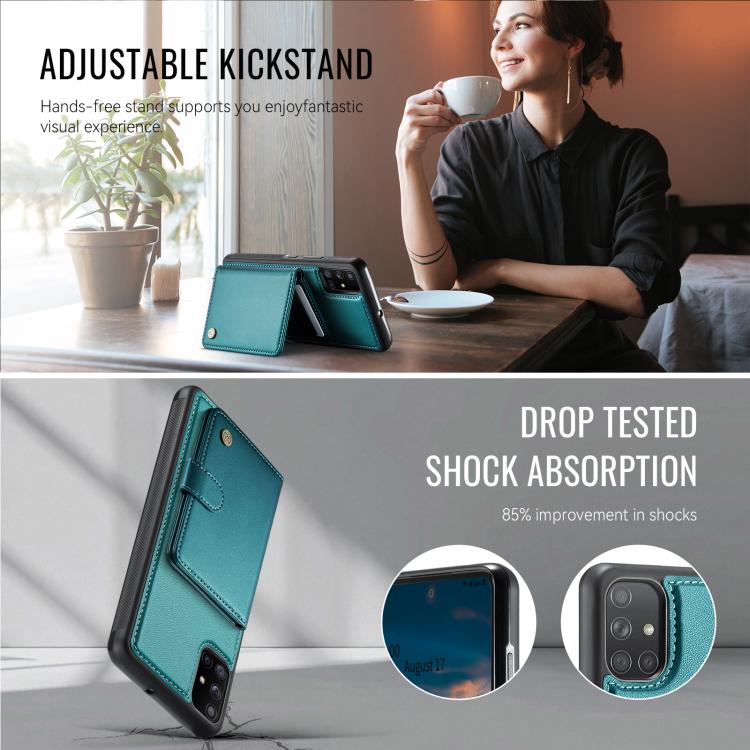 For Samsung Galaxy A51 4G JEEHOOD J09 Buckle Card Bag MagSafe Magnetic Style RFID Leather Phone Case