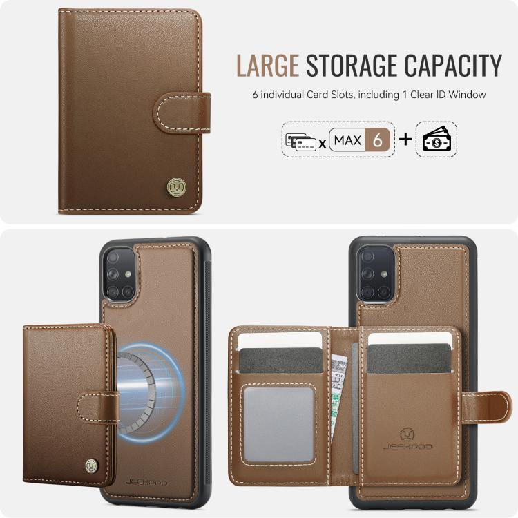 For Samsung Galaxy A51 4G JEEHOOD J09 Buckle Card Bag MagSafe Magnetic Style RFID Leather Phone Case