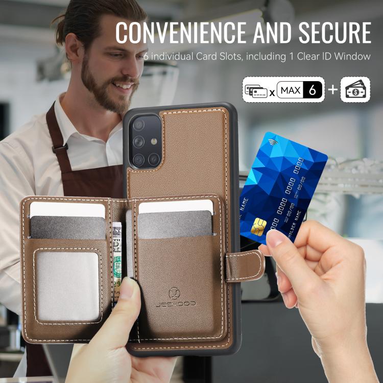 For Samsung Galaxy A51 4G JEEHOOD J09 Buckle Card Bag MagSafe Magnetic Style RFID Leather Phone Case