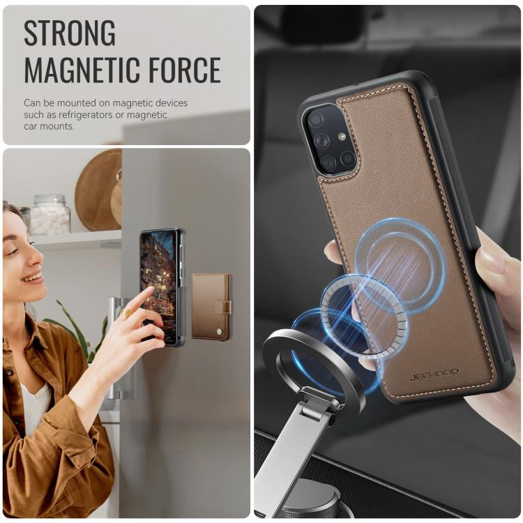 For Samsung Galaxy A51 4G JEEHOOD J09 Buckle Card Bag MagSafe Magnetic Style RFID Leather Phone Case