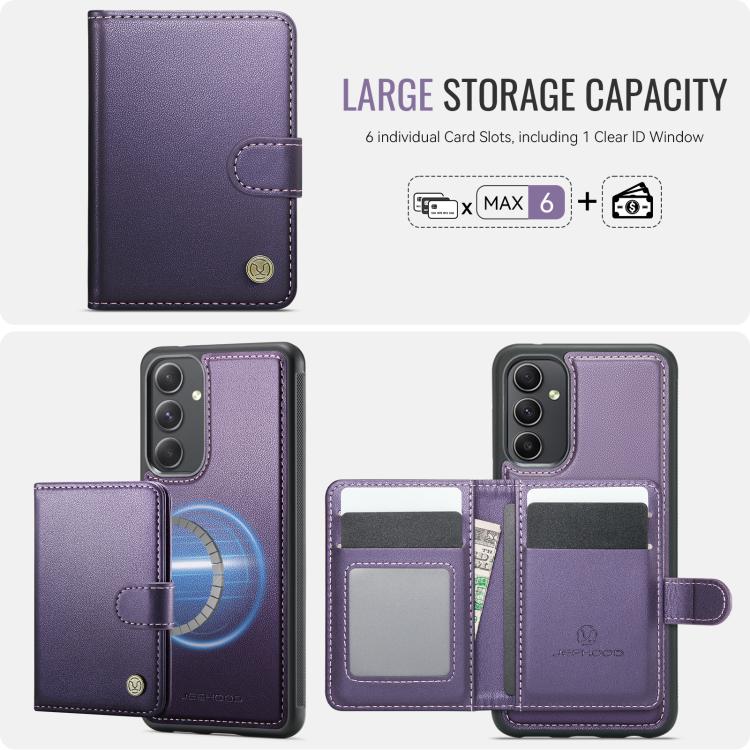 For Samsung Galaxy A54 5G JEEHOOD J09 Buckle Card Bag MagSafe Magnetic Style RFID Leather Phone Case