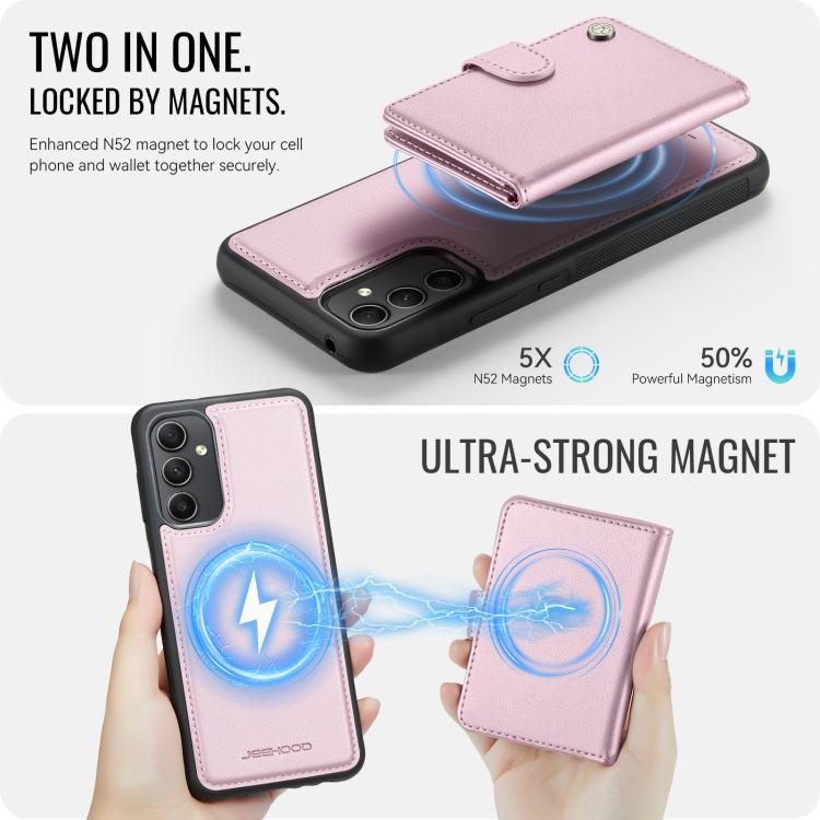 For Samsung Galaxy A54 5G JEEHOOD J09 Buckle Card Bag MagSafe Magnetic Style RFID Leather Phone Case