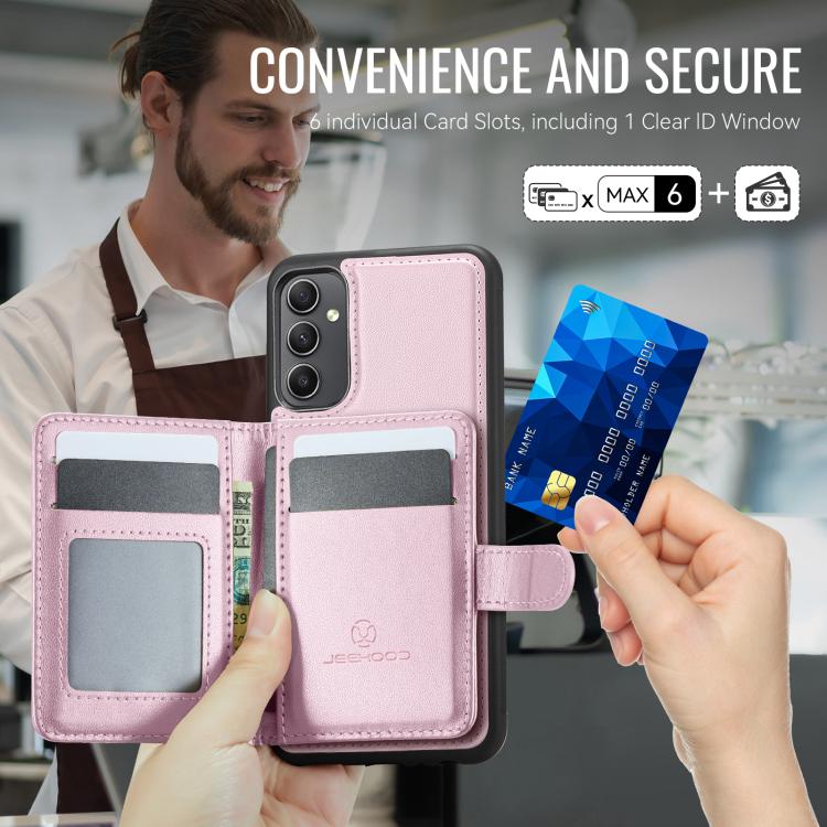 For Samsung Galaxy A54 5G JEEHOOD J09 Buckle Card Bag MagSafe Magnetic Style RFID Leather Phone Case