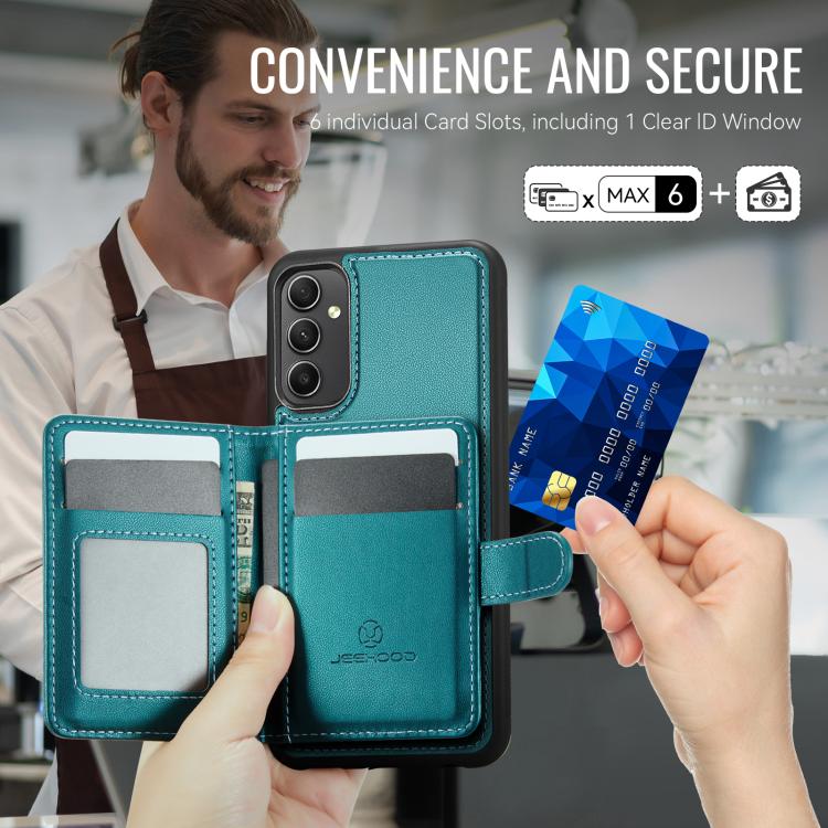 For Samsung Galaxy A54 5G JEEHOOD J09 Buckle Card Bag MagSafe Magnetic Style RFID Leather Phone Case