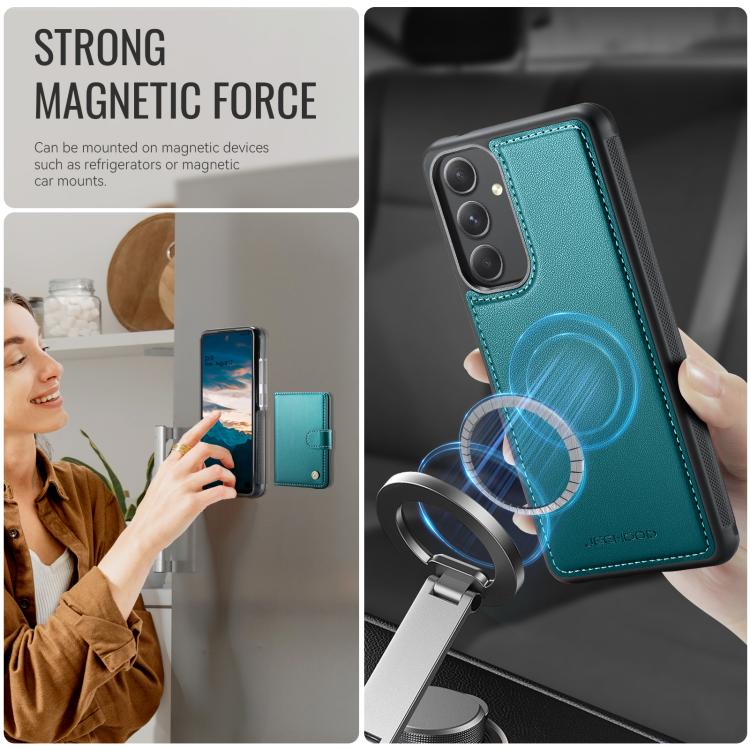 For Samsung Galaxy A54 5G JEEHOOD J09 Buckle Card Bag MagSafe Magnetic Style RFID Leather Phone Case