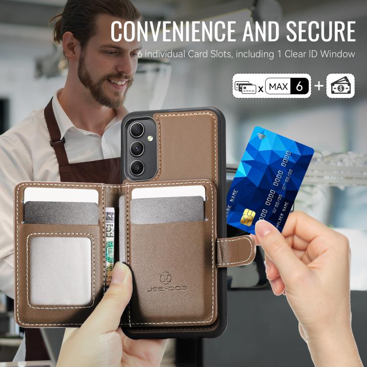 For Samsung Galaxy A54 5G JEEHOOD J09 Buckle Card Bag MagSafe Magnetic Style RFID Leather Phone Case