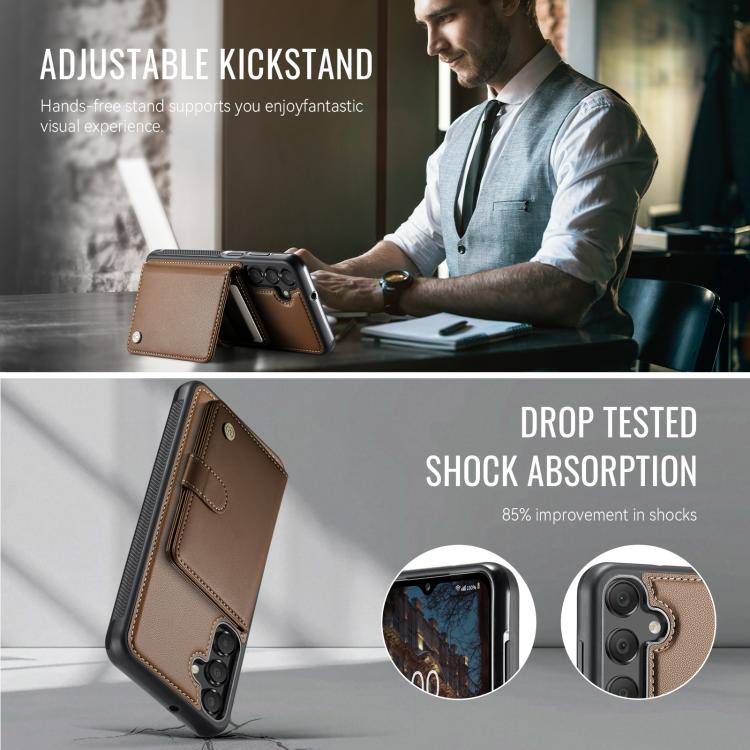 For Samsung Galaxy A15 4G / 5G JEEHOOD J09 Buckle Card Bag MagSafe Magnetic Style RFID Leather Phone Case