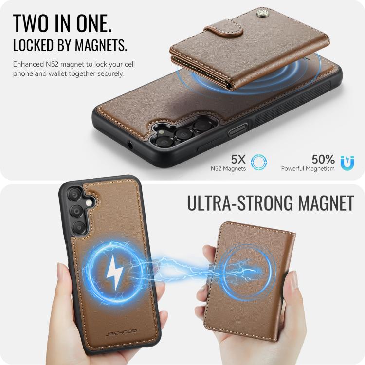 For Samsung Galaxy A25 5G JEEHOOD J09 Buckle Card Bag MagSafe Magnetic Style RFID Leather Phone Case