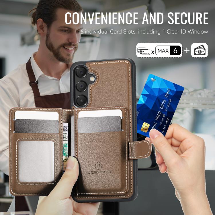For Samsung Galaxy A25 5G JEEHOOD J09 Buckle Card Bag MagSafe Magnetic Style RFID Leather Phone Case